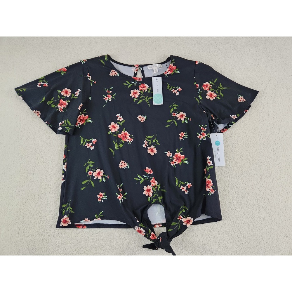 New Nine Britton Stitch Fix Short Sleeve Front Tie Top Black Floral Size Medium